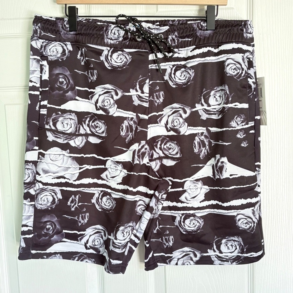 NEW Fresh Prints‎ of Bel-Air Shorts XL Black Floral Rose Stripe Streetwear
